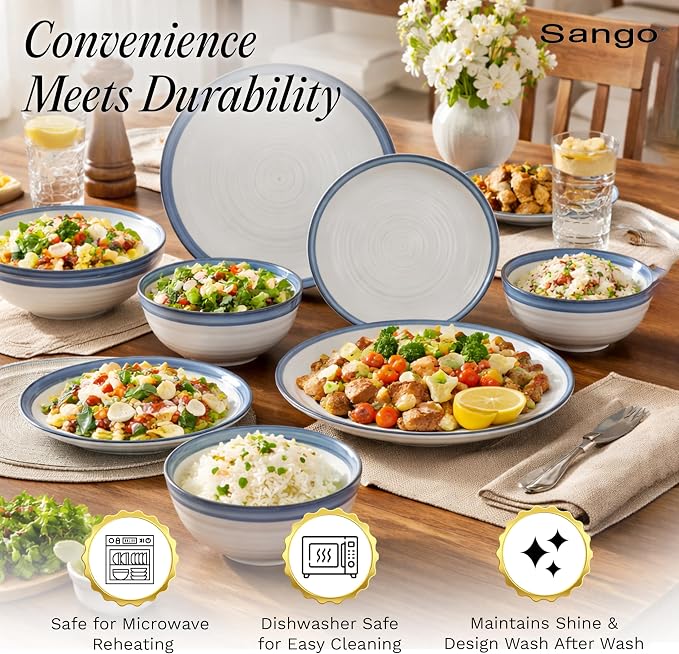 Sango Siterra Santorini 16-Piece Stoneware Dinnerware Set for 4, Ceramic White Plates and Bowls Sets with Blue Rim & Reactive Glaze, Chip Resistant Dish Set, Microwave & Dishwasher Safe Kitchen Dishes