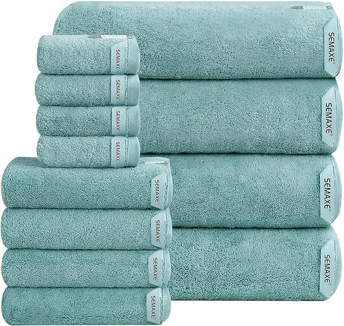 SEMAXE Bath Towel Set, 12 Piece Cotton Towel Set for Bathroom, More Towels for Family Use, Quick Dry with Hanging Loops, Easy Care, Blue