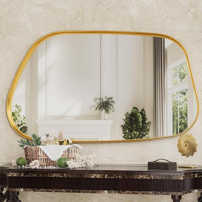 Irregular Wall Mirror 55"x28" Bathroom Mirrors Asymmetrical Artistic Decorative for Living Room Bedroom Bathroom Hallway Entryway,Trapezoid,Gold