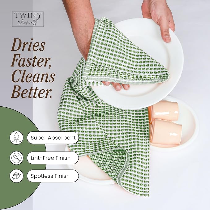 TWINY threads Circle Waffle Kitchen Towels 4 Pack, 16x26 Inches, 100% Cotton, Quick Drying, Absorbent, Soft, Reusable Wash Rags, Perfect for Drying Hands, Cooking, Baking, Daily Use, Mint Green