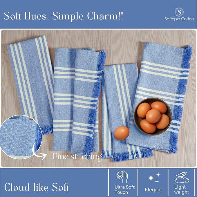 Stripe Kitchen Dish Towels 12 Pack, 16x26 Inches, 100% Cotton Tea Towels, Quick Dry Wash Rags, Reusable and Washable Dishcloths, Absorbent Hand Towel for Everyday Use - Sky Blue