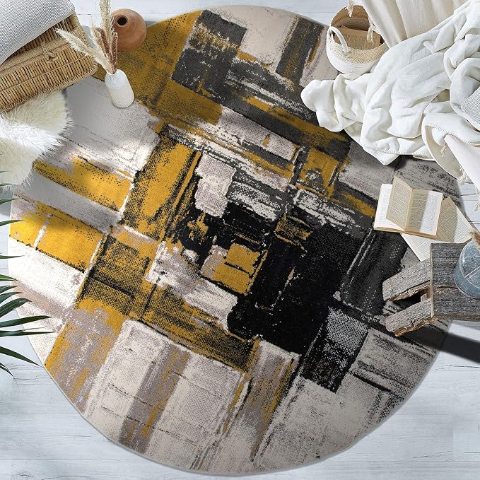 Rugshop Gold Modern Abstract Round Area Rug — Non-Shedding for Living Room, Dining Room and Foyer 8' Round