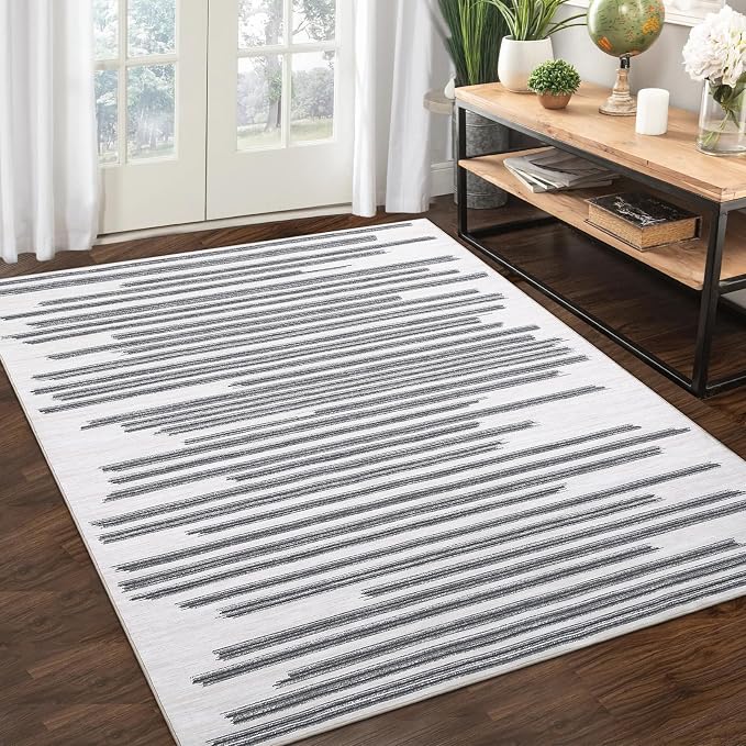Washable 5x7 Rugs for Living Room Low Pile Soft Bedroom Rug Modern Abstract Lines Carpet Non Shedding Thin Office Carpets Contemporary Geometric Striped Floor Mats for Kitchen Nursery, Beige Grey