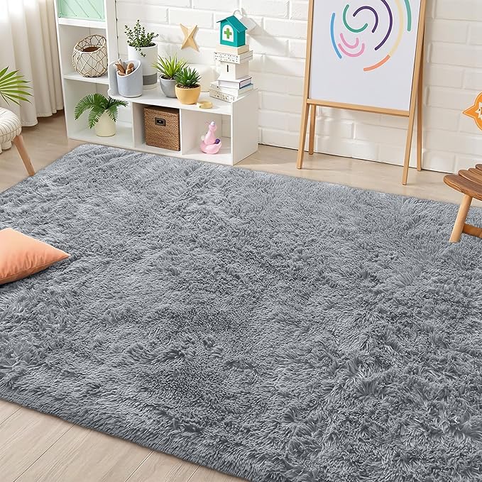 OLANLY Area Rugs for Living Room Bedroom, Machine Washable 4x5.9 ft Soft Fluffy Shaggy Bedside Rug, Indoor Floor Carpet for Kids Girls and Boys, Dorms, Nursery Rooms, Home Decor, Silver Grey