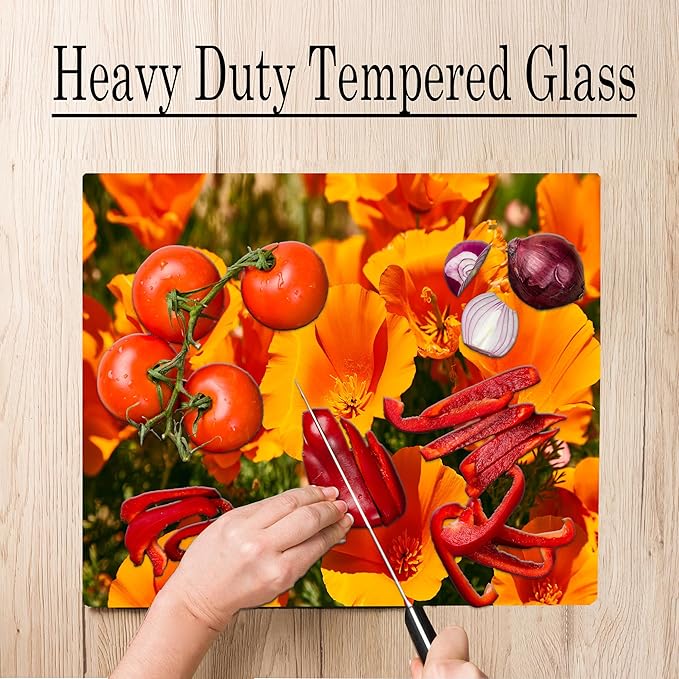 California Poppy Floral Pattern Flower Love Kitchen Glass Cutting Board Decorative Valentine's Mother's Day Gift For Her Flowers (Poppy)