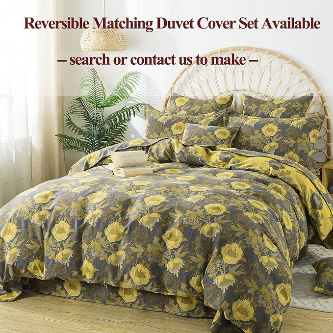 FADFAY Floral Sheets Set King Vintage Grey Yellow Floral Bedding Shabby Peony Farmhouse Bedding Super Soft Washed Double -Layer Muslin Sheets 100% Cotton Deep Pocket Fitted Sheet 4Pcs, King Size