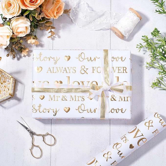 RUSPEPA Wedding Wrapping Paper Large Roll, Jumbo Roll, White and Gold Foil Love & Mr & Mrs Design, Romantic Gift Wrap for Wedding, Bridal Shower, Anniversary, Engagement, 30 Inches x 16.4 Feet