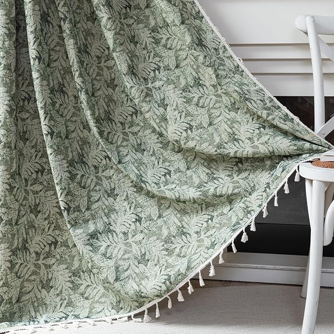 ENJOYBRIDAL Green Leaf 63 Inch Curtains 2 Panel Set Farmhouse Short Drapes Semi Sheer Rod Pocket Bedroom Rustic Window Curtain Panels Living Room Boho Aesthetic Country Tassel Window Treatments