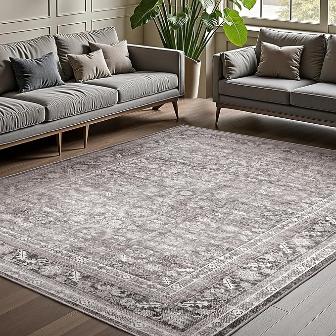 OPPODREAM Vintage Grey Area Rugs 4x6, 4 x 6 Retro Washable Rug Non Slip, Low-Pile Faux Wool Carpet, Distressed Gray Floor Mat for Living Room, Bedroom, Kitchen, Office, Dorm, Dinning Room
