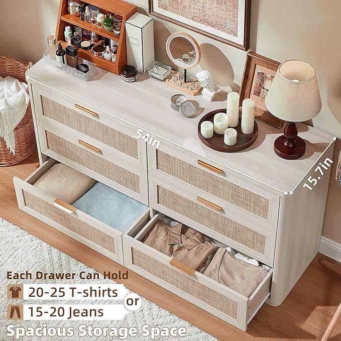 LEYAOYAO Rattan 6 Drawer Dresser for Bedroom Set of 2, Boho 54" Wide White Dresser Chest of Drawers, Dressers TV Stand with Metal Handle, Storage Dressers Closet Organizer for Living Room, Hallway