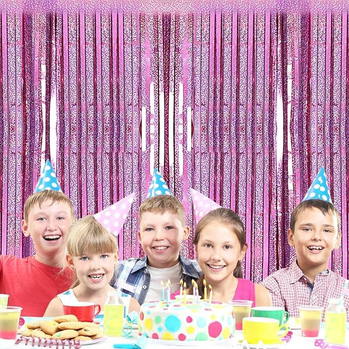 2 Pack 3.2ft x 8.2ft Pink Metallic Tinsel Foil Fringe Curtains Backdrop for Pink Party Birthday Wedding Bachelorette Baby Shower Holiday Party Decorations Photo Booth Props