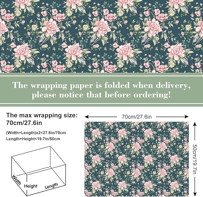 Whaline 12 Sheet Floral Wrapping Paper Vintage Flower Gift Wrap Paper Retro Decorative Art paper for Spring Wedding Baby Shower Birthday DIY Crafts Gift Packing, 19.7 x 27.6 Inch, Folded Flat