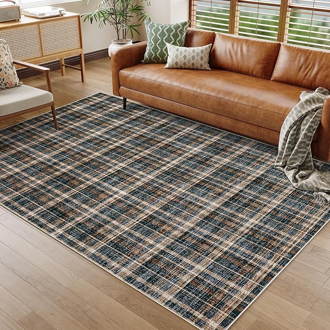 Large Living Room Rugs 10x13 Area Rug Stain Resistant Farmhouse Dining Room Carpet Non Slip Checkered Bordered Carpet for Classroom Dining Room, Black&Brown