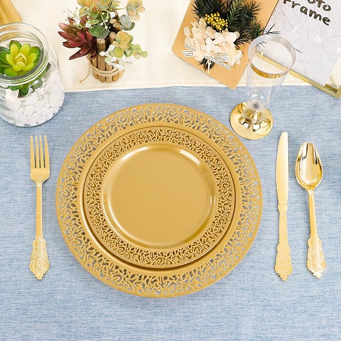 DaYammi 210Pcs Solid Gold Disposable Plates with Silverware and Cups,Christmas Plastic Plates for Party Include: 30 Dinner Plate,30 Dessert Plate,30 Rolled Napkins with Cutlery,30 Cups for Wedding