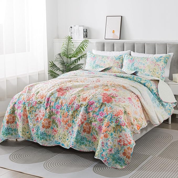 HoneiLife King Quilt Bedding Set - Floral Quilt Sets 3-Piece,Wildflower Bedspreads for King Bed, Microfiber Coverlets Botanical Bed Cover Quilt King Size All Season Quilts-Dream Garden,Coral Pink