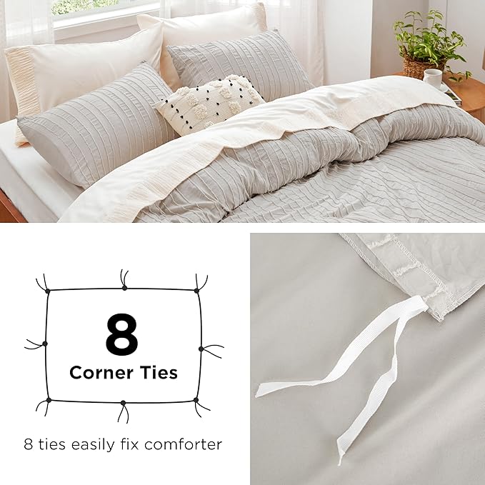 Bedsure Striped Boho Duvet Cover King Size - Shabby Chic Tufted Boho Bedding Set, 3 Pieces Shabby Chic Home Bedding for All Seasons, Includes 1 King Duvet Cover & 2 Pillowcases (Grey, 104" x 90")
