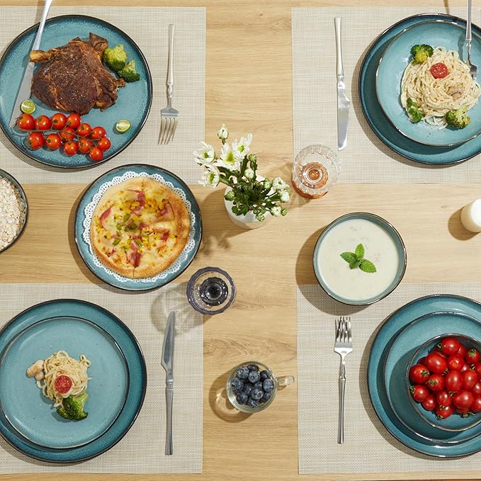 Pokini Stoneware Dinnerware Sets, Kitchen Plates and Bowls Set, Ceramic Dish Set for 4, Modern Chip & Scratch Resistant Dishware Sets, Durable Reactive Glaze Dinner Set, Green Black
