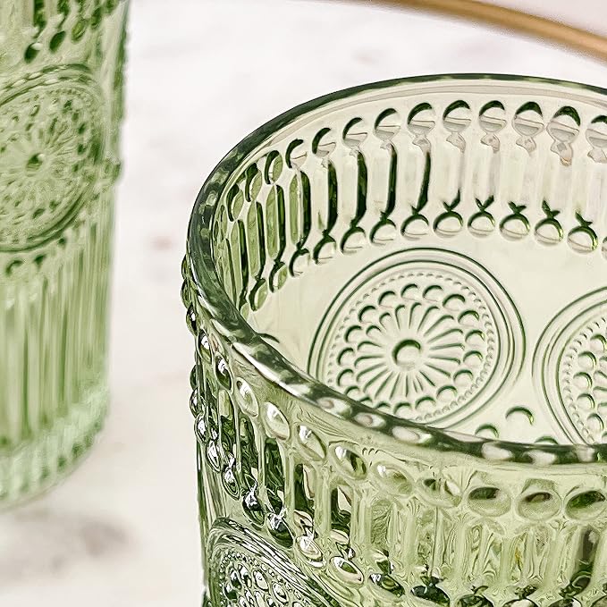 Kate Aspen Vintage Ribbed Green Drinking Glasses Set of 6-13 oz Colored Embossed Glass Cups for Water, Iced Tea, Cocktails - Perfect Holiday Drinkware, Christmas Entertaining & Gift Set