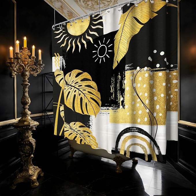 Extra Long Shower Curtain Extra Tall Black and Gold XL Abstract Dark Mens Shower Curtains for Large Bathroom Decor Sets, Waterproof Cloth Fabric with Hooks, 108x72 Inch
