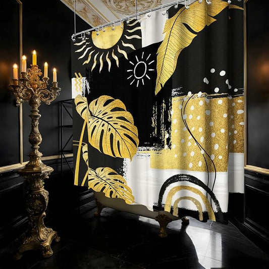 Extra Long Shower Curtain Extra Tall Black and Gold XL Abstract Dark Mens Shower Curtains for Large Bathroom Decor Sets, Waterproof Cloth Fabric with Hooks, 108x72 Inch