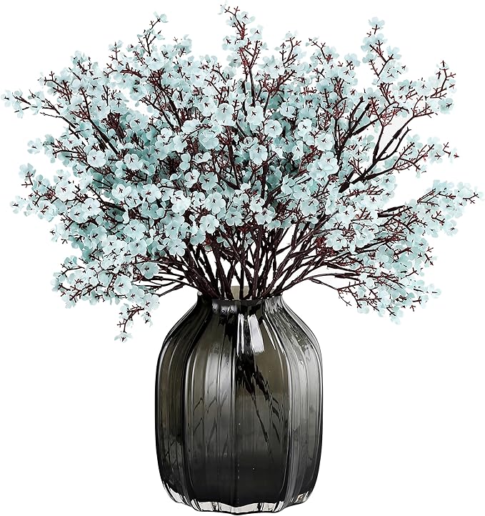 Babys Breath Silk Artificial Flowers Bulk With Vase 10pcs for Fall Decor Fake flower bouquet Bulk for Home Kitchen Indoor Bouquet Floral Arrangement Table Centerpieces Party Decor(Grey Blue)