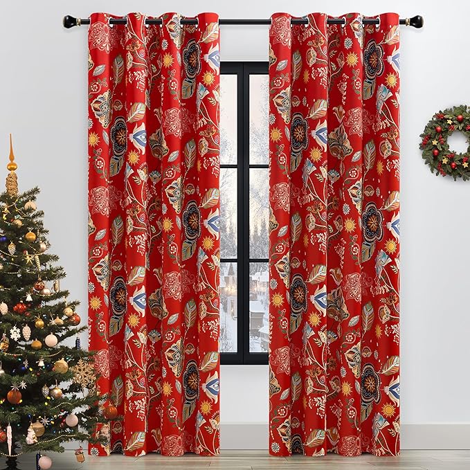 XiDi Christmas Red Floral Curtains 84 Inches Long 2 Panels 100% Blackout Vintage Leaf Patterned Curtains for Living Room Bedroom Thermal Insulated Room Darkening Luxury Colorful Drapes Grommet 52x84