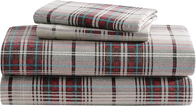 Eddie Bauer - Flannel Sheets King Size, Anti-Pilling & Wrinkle Resistant Cotton, Touchably Soft for All-Season Comfort - Bed Sheets with Matching Pillowcases & Fitted Sheet (Montlake Plaid Red)