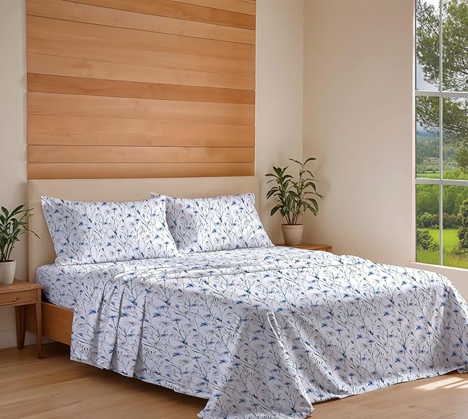 RUVANTI 100% Organic Cotton Sheets Queen Size, Percale Weave, GOTS Certified, 4-Piece Set, Deep Pocket 15", Crisp & Breathable, Soft Durable Bedding, Sábanas Algodón Orgánico – Daisy Bud