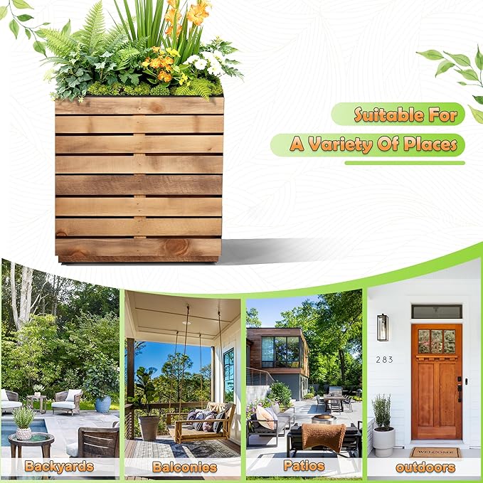 Metal Planter Box Rectangular Planter Box with Drainage Hole, Outdoor Large Planters, All-Weather Use, Rust-Resistance, for Flowers Plants, 17" L × 17" W × 18" H, Dark Walnut