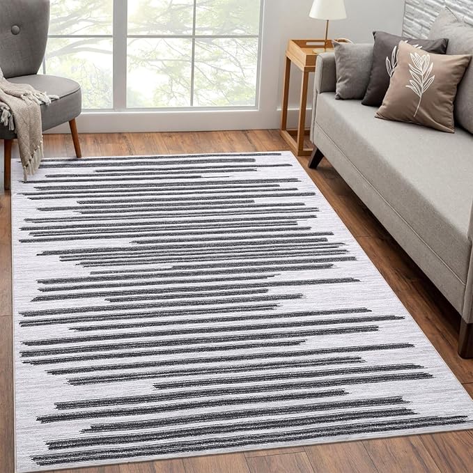Washable 5x7 Rugs for Living Room Low Pile Soft Bedroom Rug Modern Abstract Lines Carpet Non Shedding Thin Office Carpets Contemporary Geometric Striped Floor Mats for Kitchen Nursery, Beige Black