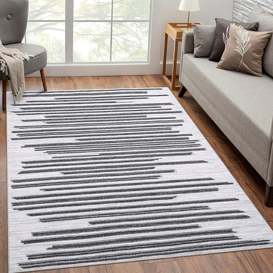 Washable 5x7 Rugs for Living Room Low Pile Soft Bedroom Rug Modern Abstract Lines Carpet Non Shedding Thin Office Carpets Contemporary Geometric Striped Floor Mats for Kitchen Nursery, Beige Black
