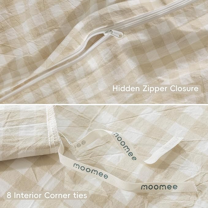 MooMee Gingham Duvet Cover Set 100% Washed Cotton Linen Like Textured Breathable Durable Soft Comfy Modern Checkered Design (Almond Milk Grey Gingham, Cal King 104"x98")