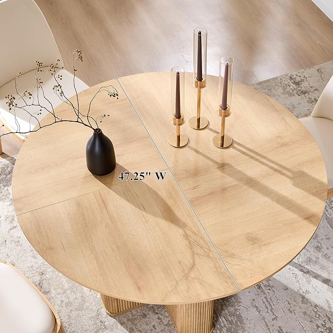 T4TREAM 47" Fluted Round Dining Table for Kitchen Living Room, Natural Oak | Mid Century Modern Kitchen Table,Seats 4-6,Thickened Edge and Sturdy Reeded Pedestal Base