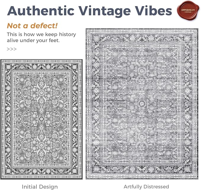 OPPODREAM Vintage Grey 2x6 Runner Rug, 2 x 6 Retro Washable Rug Non Slip, Low-Pile Faux Wool Carpet, Distressed Gray Floor Mat for Kitchen, Hallway, Entry-Way, Entrance, Indoor Back Door