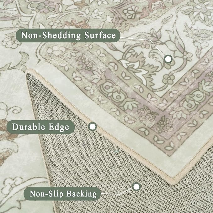 vivorug Sage Green 5x7 Area Rugs - Ultra-Thin Washable Rug with Non-Slip Backing, Ideal for Living Room, Bedroom, Kitchen Floor Carpet - Vintage Floral, Easy Clean, Durable, Low Pile
