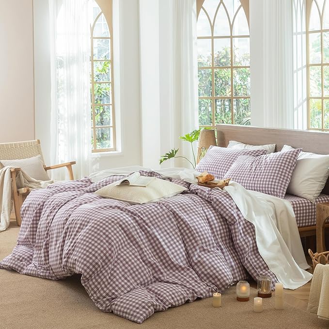 MooMee Gingham Duvet Cover Set 100% Washed Cotton Linen Like Textured Breathable Durable Soft Comfy Modern Checkered Design (Classic Gingham Light Purple, King 104"x90")