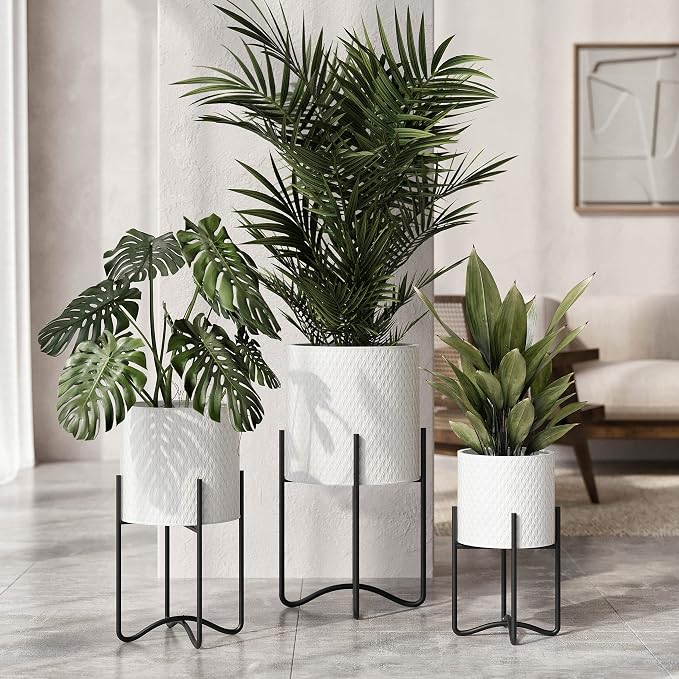 EverNest Claire Mid-Century Modern White Plant Pot with Ambrose Stand, SelectBase, Indoor Plant Pot, Bohemian Style, Minimalist Plant Home Décor (Medium, Black)