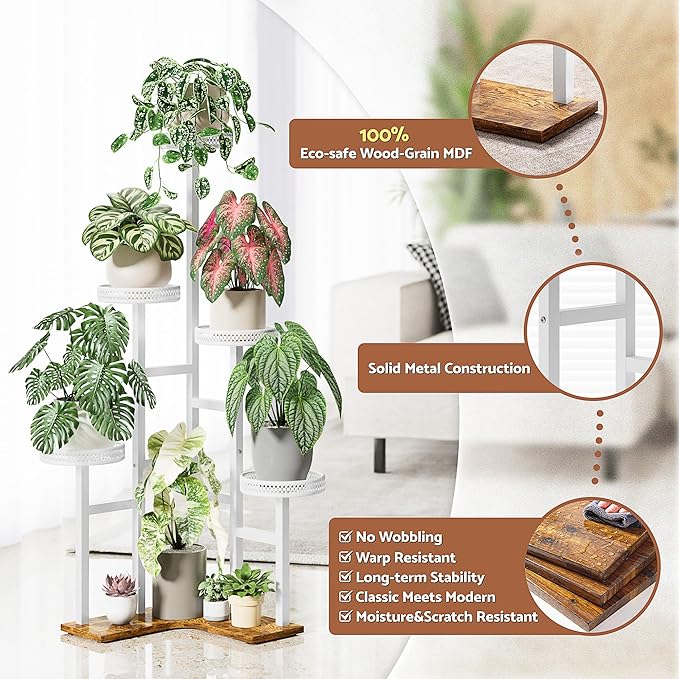 Tiered Plant Stand Outdoor,5 Potted Corner Plant Stands Tall Indoor, Metal Planter Display Rack for Multiple Plants, Wood Tall Plant Rack Shelf for House Patio LivingRoom - WhiteWave