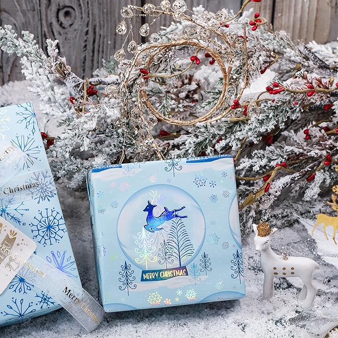 LeZakaa Blue Christmas Wrapping Paper Mini Roll, Snowman Reindeer Crystal Ball Snowflake Tree Metallic Foil Holiday Gift Wrap, Arts Craft, for Xmas Winter Party, 17 x 120 inches, 3 Rolls