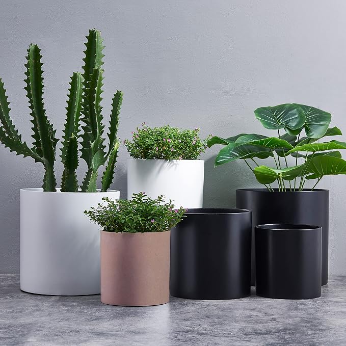 FaithLand 8 Inch Fiberstone Planter - Lightweight Modern Cylinder Plant Pot with Drainage Hole & Plug, Indoor Outdoor Use, Terracotta Color