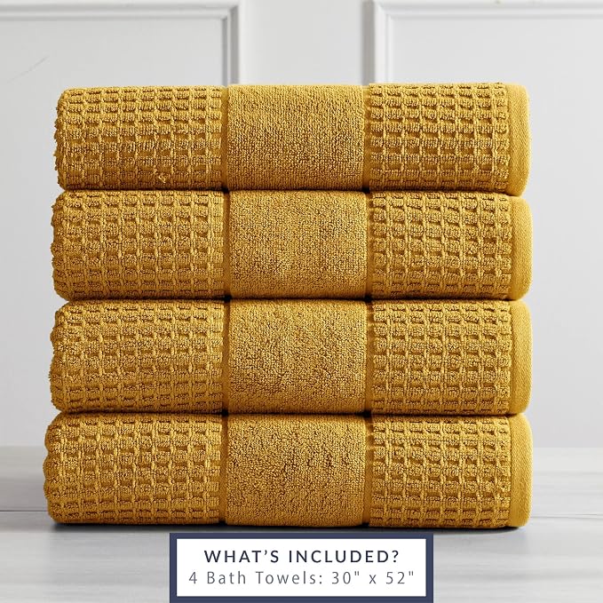 Market & Place 100% Cotton Super Soft Luxury Bath Towel Set | Quick-Dry and Highly Absorbent | Waffle Textured | 550 GSM | Includes 4 Bath Towels | Harper Collection (Mustard Yellow)