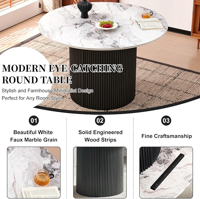 Homedot Modern Round Pedestal Dining Table for 4-6, 47" Kitchen Table with White Marble Grain Tabletop Engineered Wood Base, Classic Dinner Table Fluted Easy Assemble for Living Room Dining Room