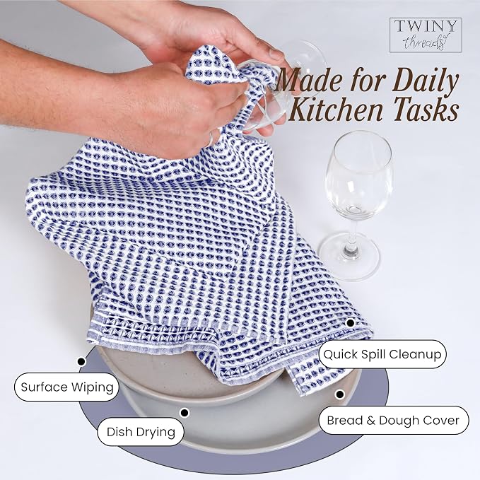 TWINY threads 4 Pack Circle Waffle Tea Towels 16x26 Inches, 100% Cotton, Heavy Duty, Thick, Absorbent, Professional Grade Dish Cloths, Ideal for Restaurants, Bars, Heavy Duty Use, Indigo Blue