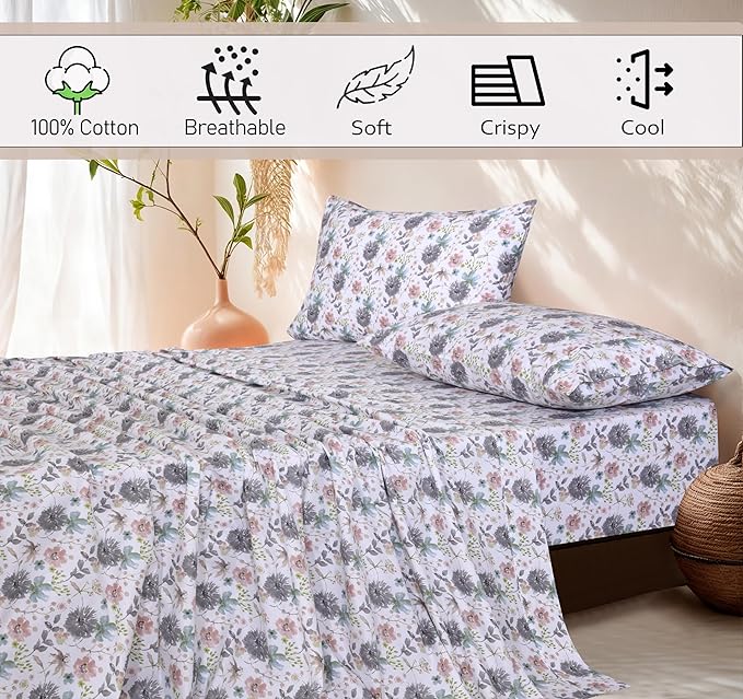 RUVANTI 100% Cotton Twin XL Sheet Sets, 3 Pieces, Soft & Breathable Percale Weave Bedding, Deep Pocket 16", Hotel Standard, Crisp Cool Feel, Durable, Perfect Size Floral Sheets, Dandelion Field