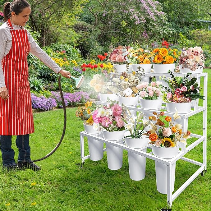 PROLEE Flower Stand with 12 Buckets, Flower Display Stand with Wheels, Flower Cart, Moving Florist Bouquet Shelf, Rectangular, White