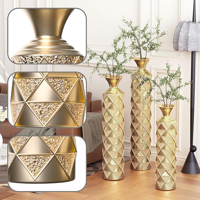 Metal Floor Vases Decorative, Set of 3 Flower Arrangement Stand, Metal Decorative Vase Tall Distressed Metallic Centerpiece Vases with 3D Triangle Pattern, 33.5", 29.5", 25.2" H (Antique Gold)