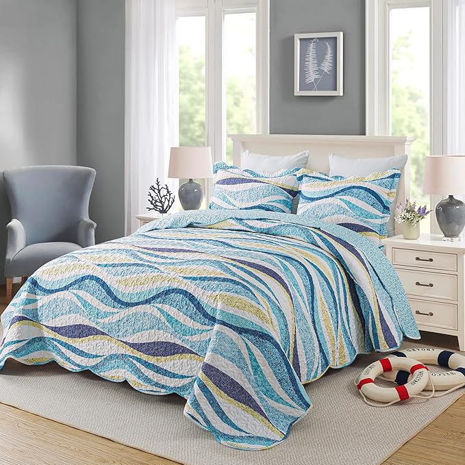 HoneiLife Ocean Quilt Queen Size - 3 Pieces Beach Quilt Sets Coastal Bedspreads Nautical Coverlets Lightweight Bed Cover, Queen Quilt Bedding Set All Season Quilts