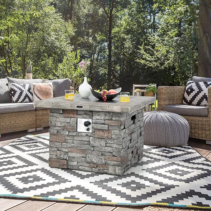 Giantex 34.5" Propane Gas Fire Pit Table - Patio 2-in-1 Outdoor Square Fire Table W/Volcanic Rock & PVC Cover, Stainless Steel Burner, 50,000 BTU Heat Output, Faux Stone Surface, Outside Fireplace