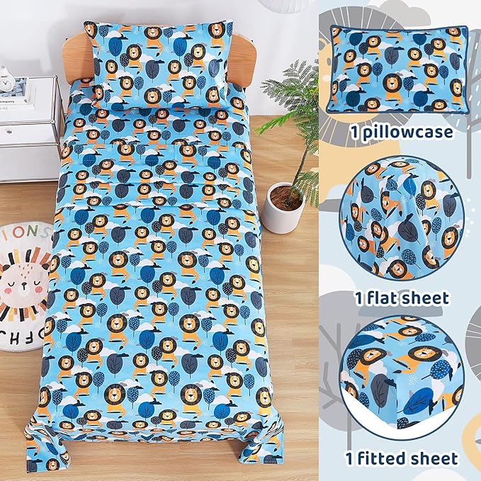 Viviland 3 Pieces Boys Blue Twin Sheet Set - Soft Microfiber Fitted Flat Sheets & Pillowcase - Lion Tree Bedding Sets - for Kids & Toddlers