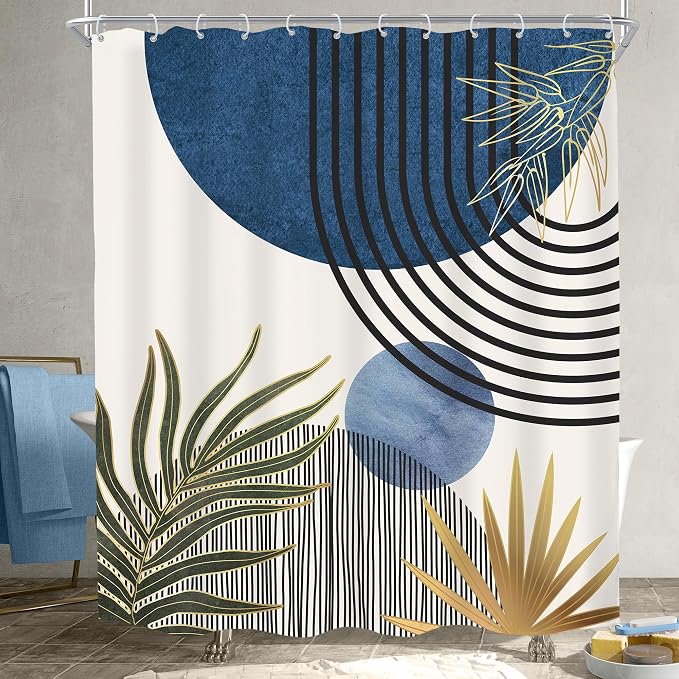KOMLLEX Mid Century Blue Green Boho Shower Curtain 60Wx72L Inches Abstract Modern Shower Curtains for Bathroom Decor Plant Botanical Minimalist Arch Sun Fabric Liner Waterproof Polyester 12 Pack Hooks